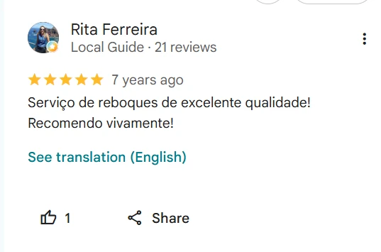 Avaliação de 5 estrelas no Google de Rita Ferreira: Serviço de reboques de excelente qualidade! Recomendo vivamente!