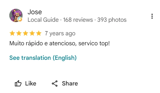 Avaliação de 5 estrelas no Google de Jose: Muito rápido e atencioso, servico top!