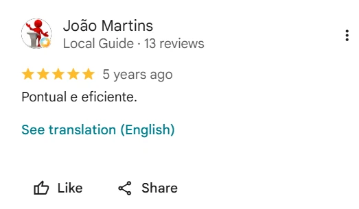 Avaliação de 5 estrelas no Google de João Martins: Pontual e eficiente.