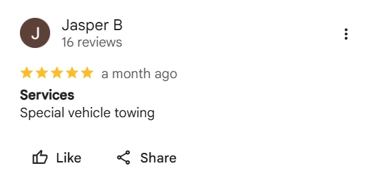 Avaliação de 5 estrelas no Google de Jasper B: Special vehicle towing