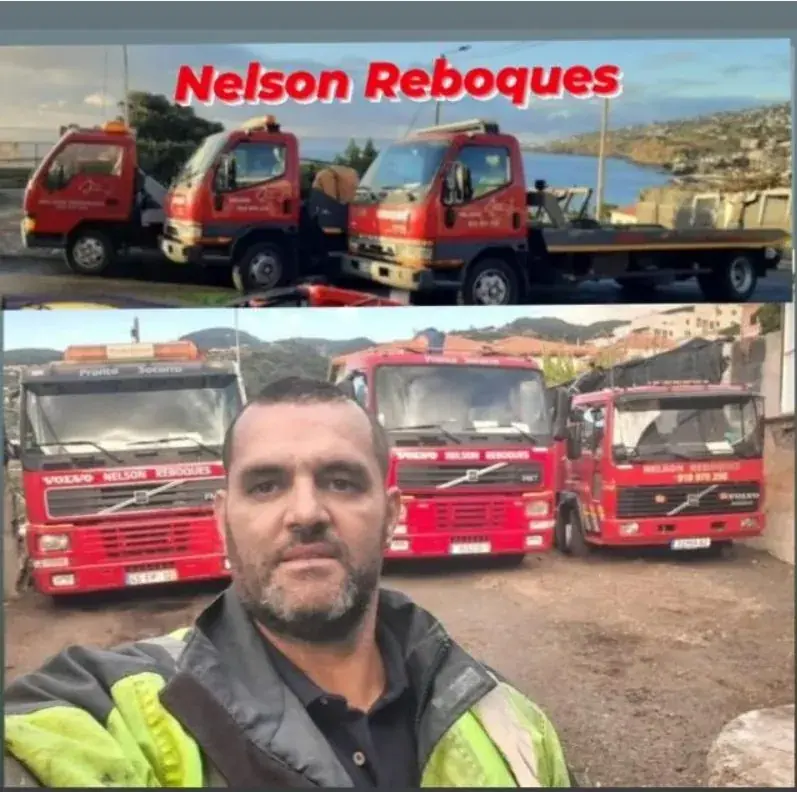 Nelson junto dos reboques da empresa
